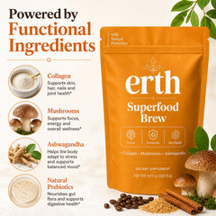 Earth Superfood Brew in a hot cup ready to drink for gentle morning energy