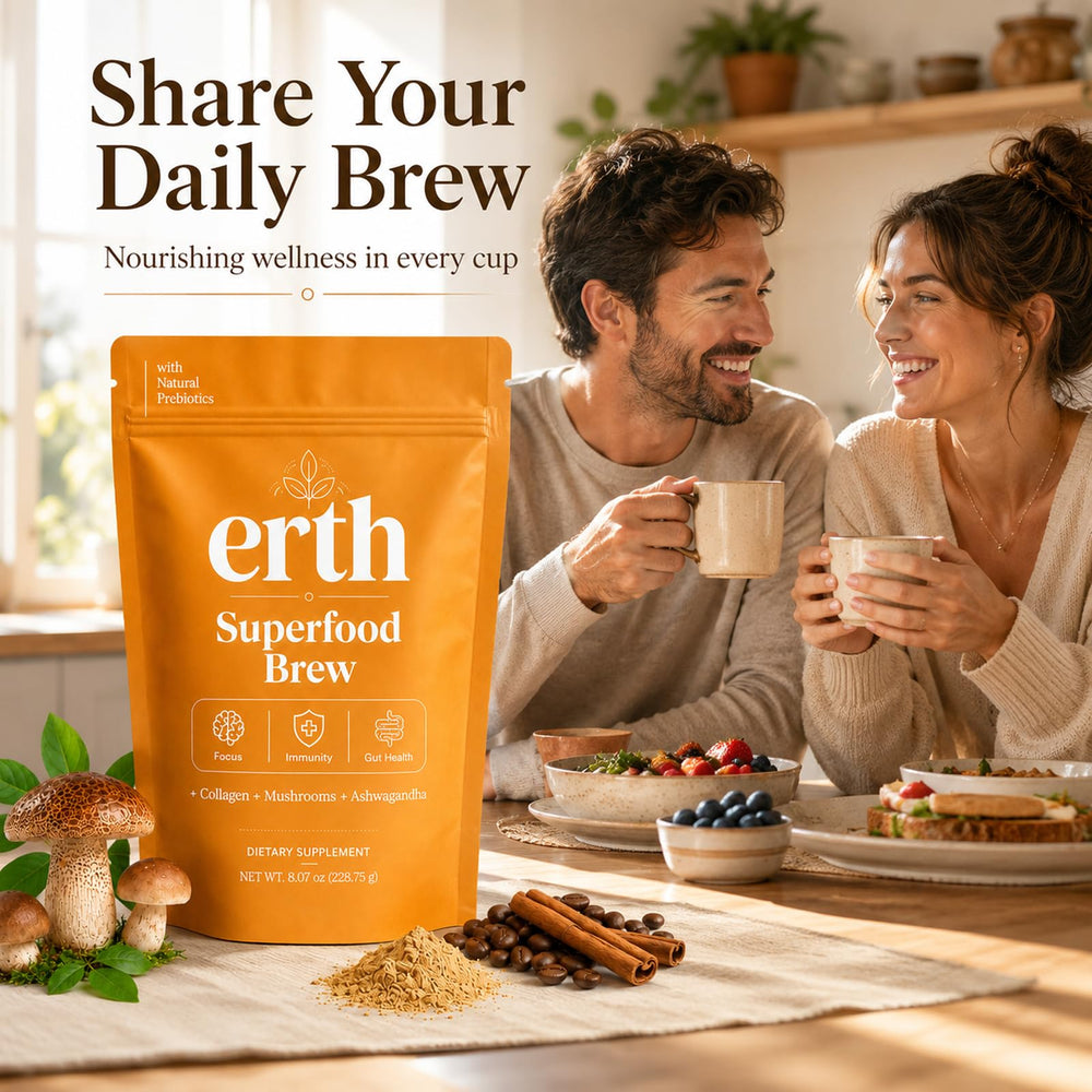 Earth Superfood Brew ingredient display with mushrooms and collagen for balanced blend