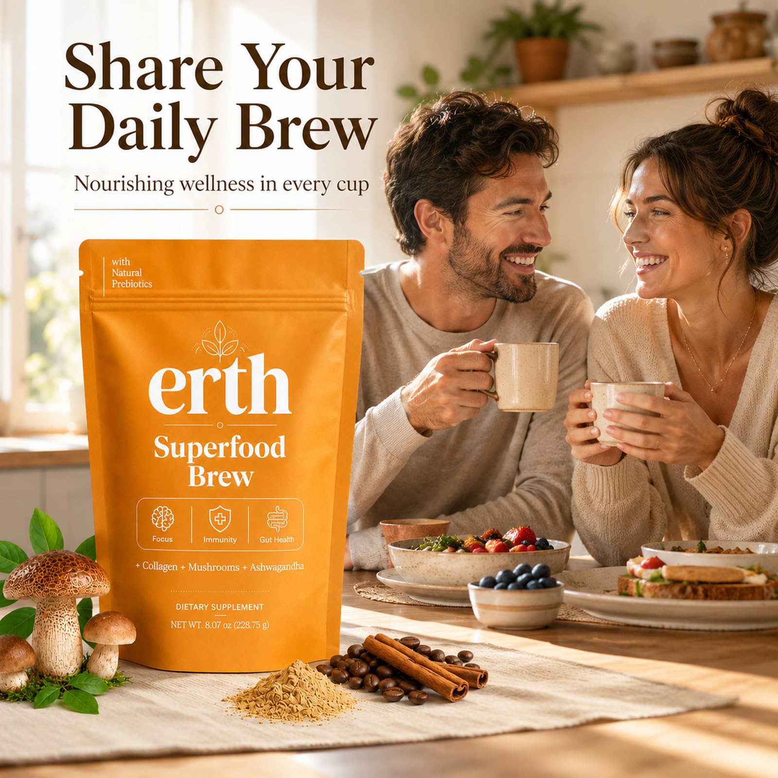 Earth Superfood Brew open pouch revealing powder and resealable freshness