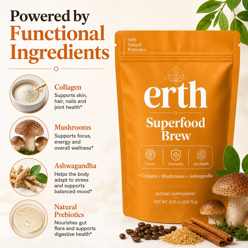 Earth Superfood Brew powder close-up texture highlighting smooth mixability