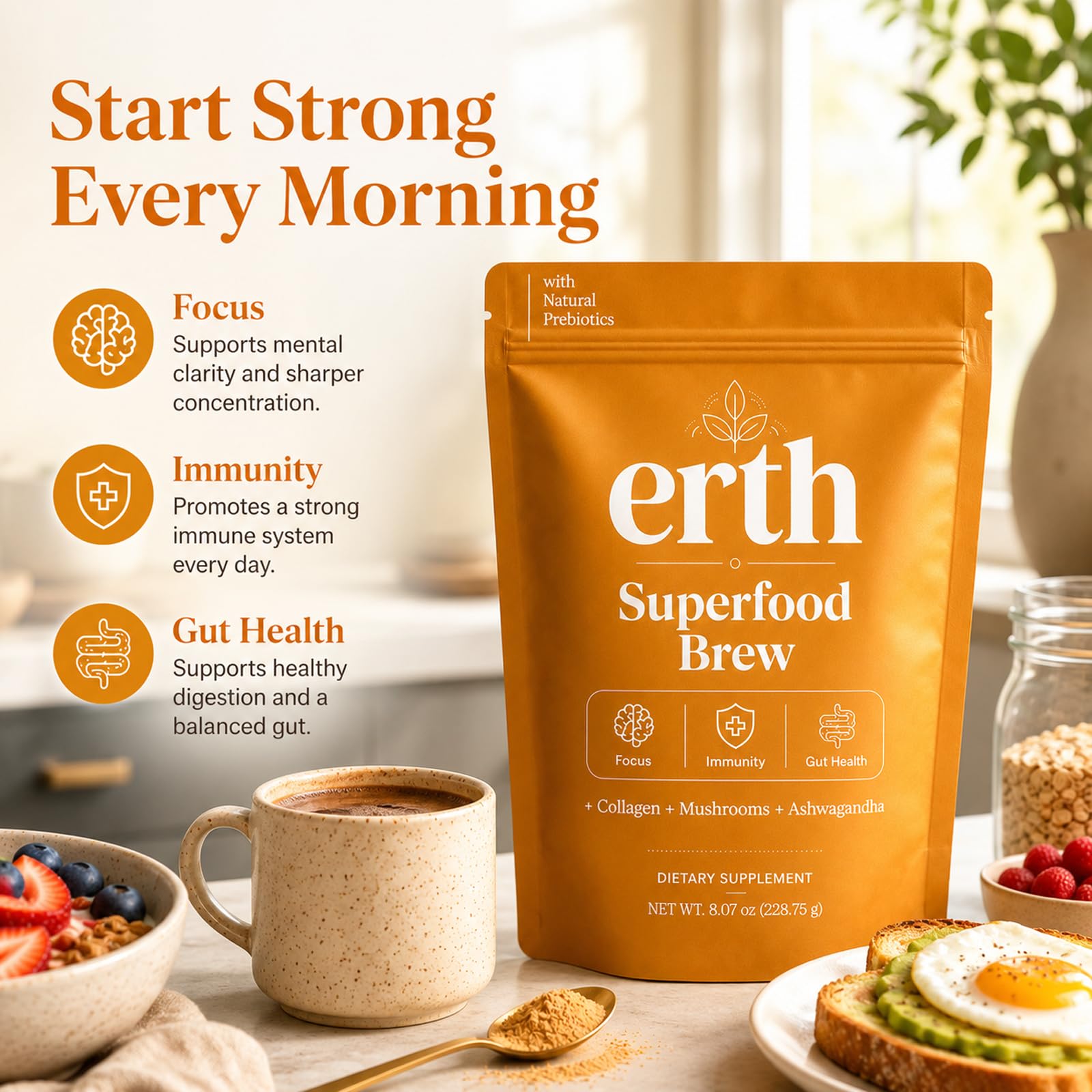 Earth Superfood Brew powder close-up texture highlighting easy mixability