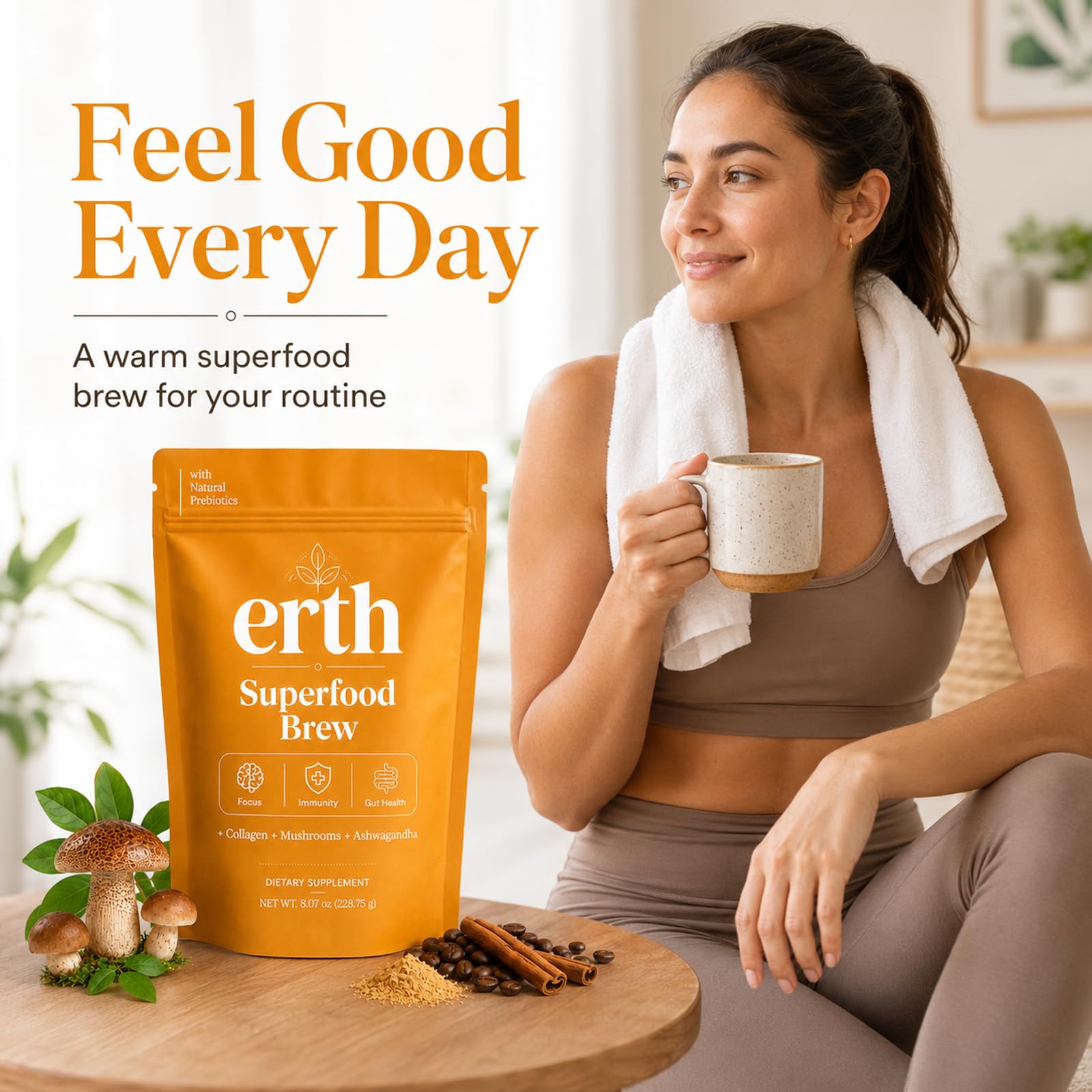Earth Superfood Brew pouch beside common objects showing 8.07 oz size