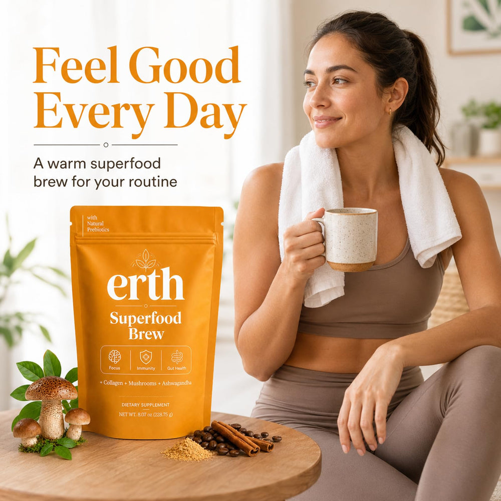 Earth Superfood Brew two pouches side-by-side showing pack size and scale