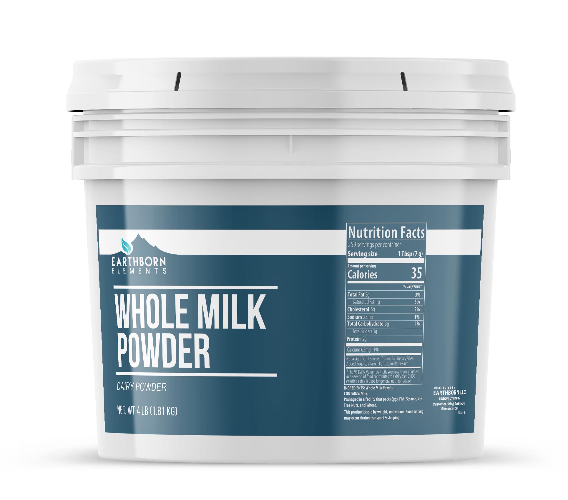 Earthborn Elements front view of resealable 64oz bucket showing label and size, convenient storage