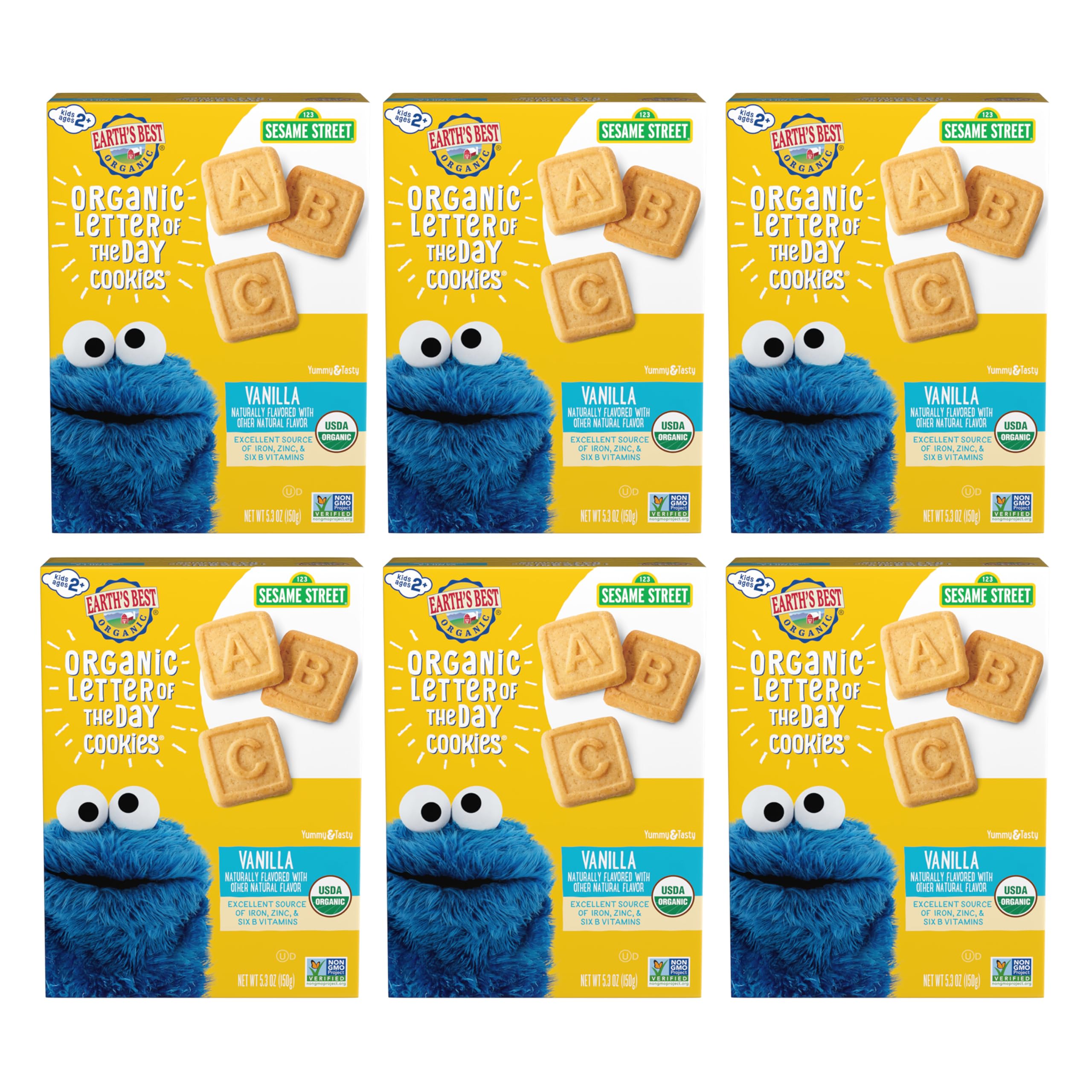 Earth's Best box front view showing vanilla letter cookies and organic badge for trust