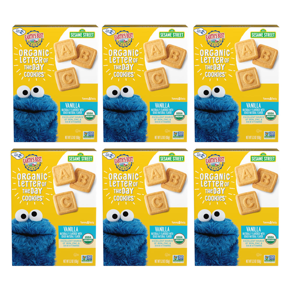 Earth's Best box front view showing vanilla letter cookies and organic badge for trust