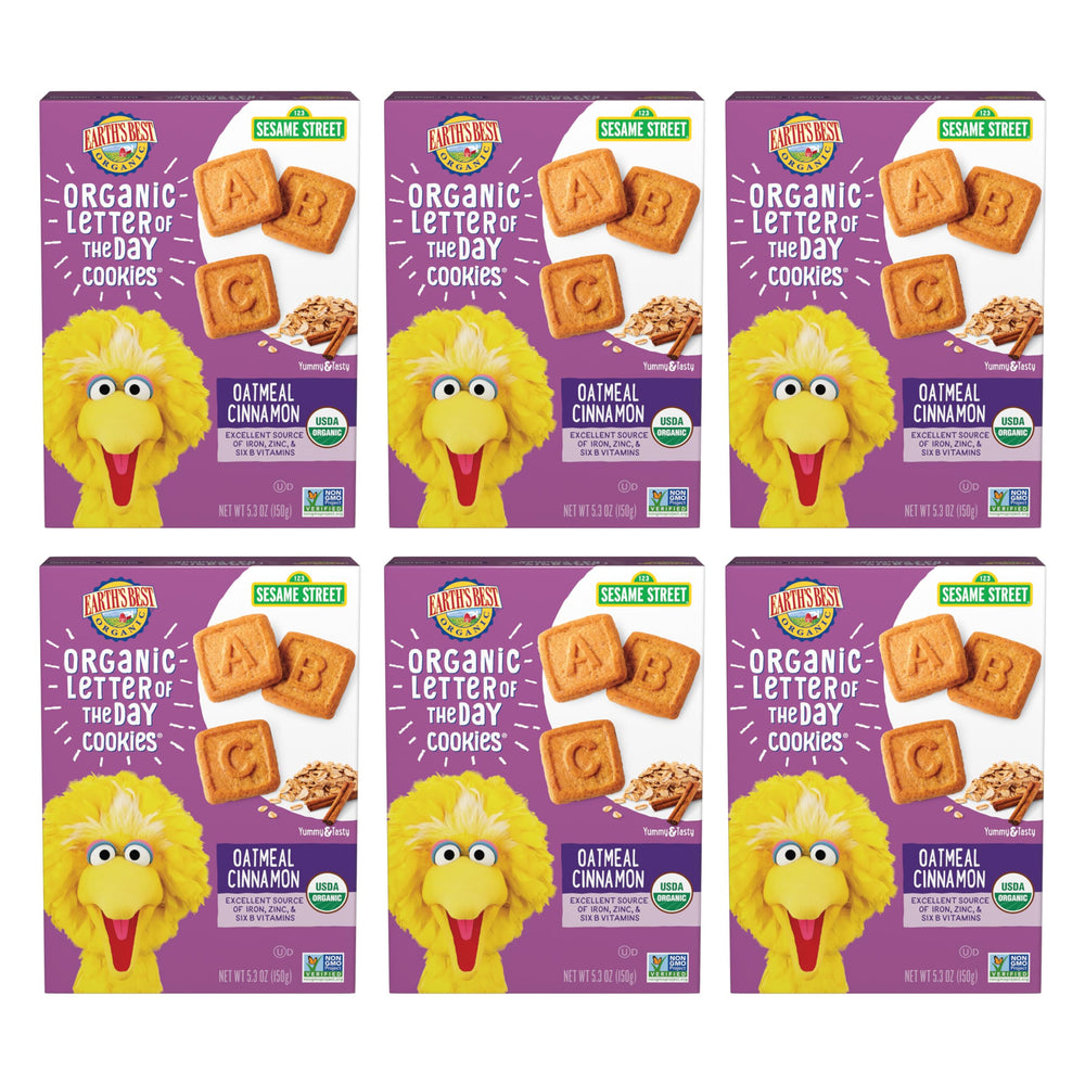 Earth's Best front box showing letter-shaped cookies and cinnamon benefit convenience