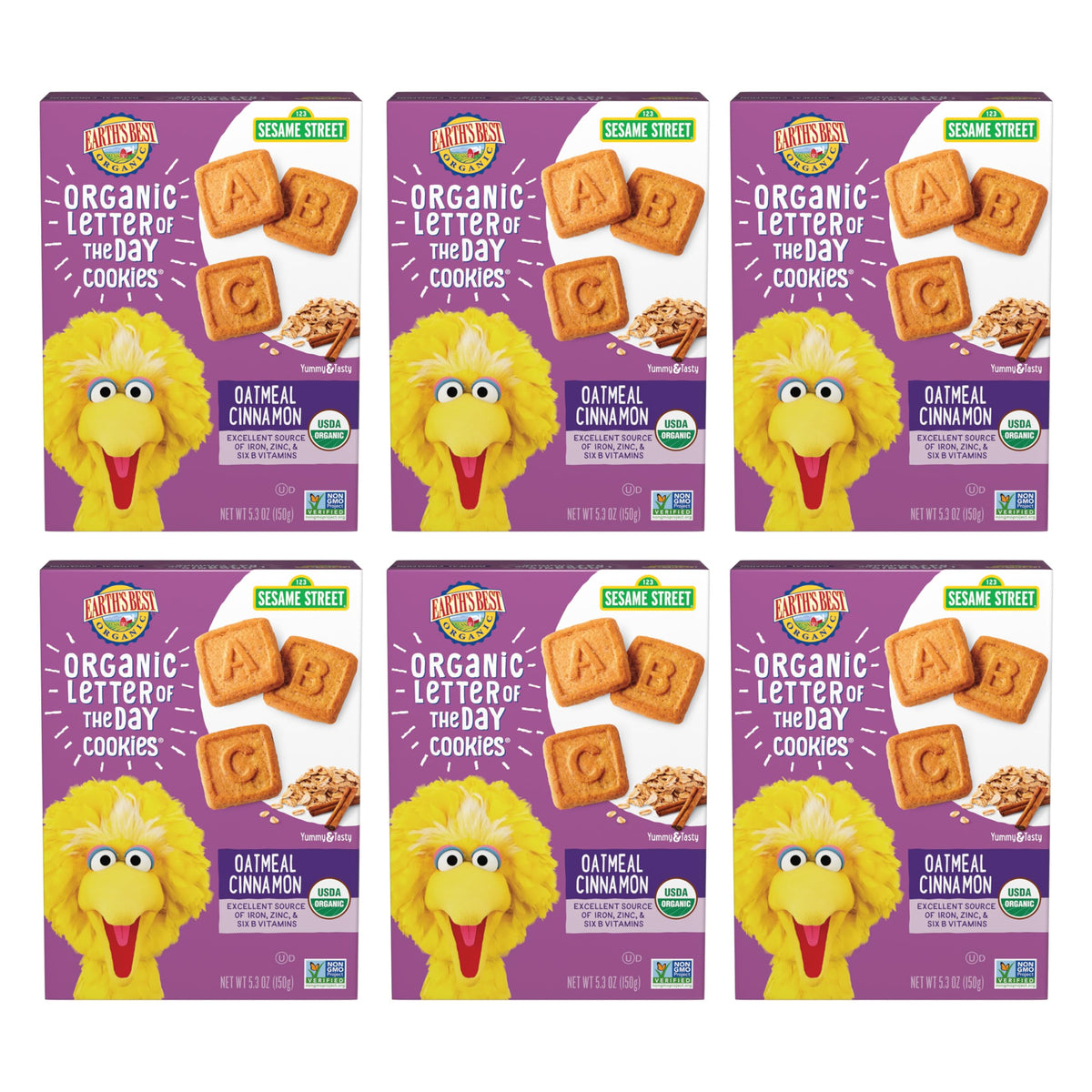 Earth's Best front box showing letter-shaped cookies and cinnamon benefit convenience