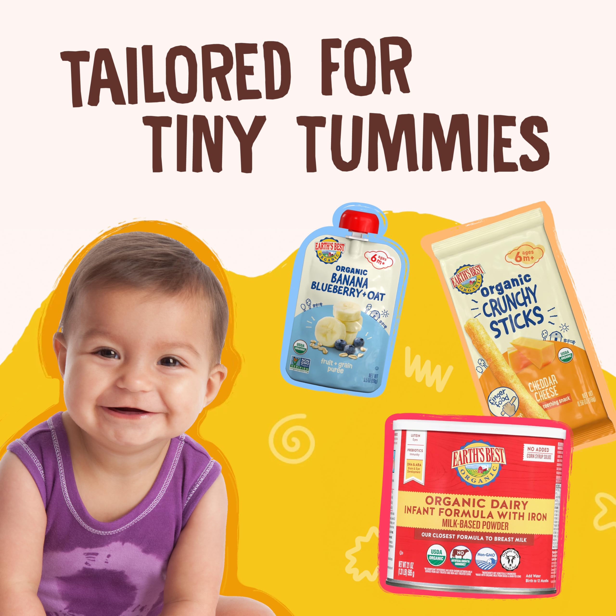 Earth's Best label and ingredient list highlighting organic oats and iron-fortified benefit