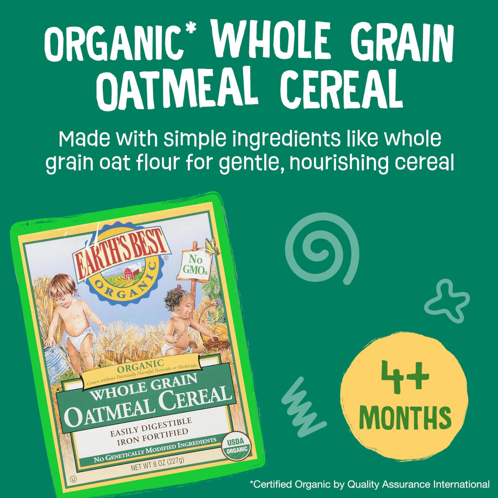 Earth's Best opened can top view revealing fine oat cereal ready to prepare for feeding