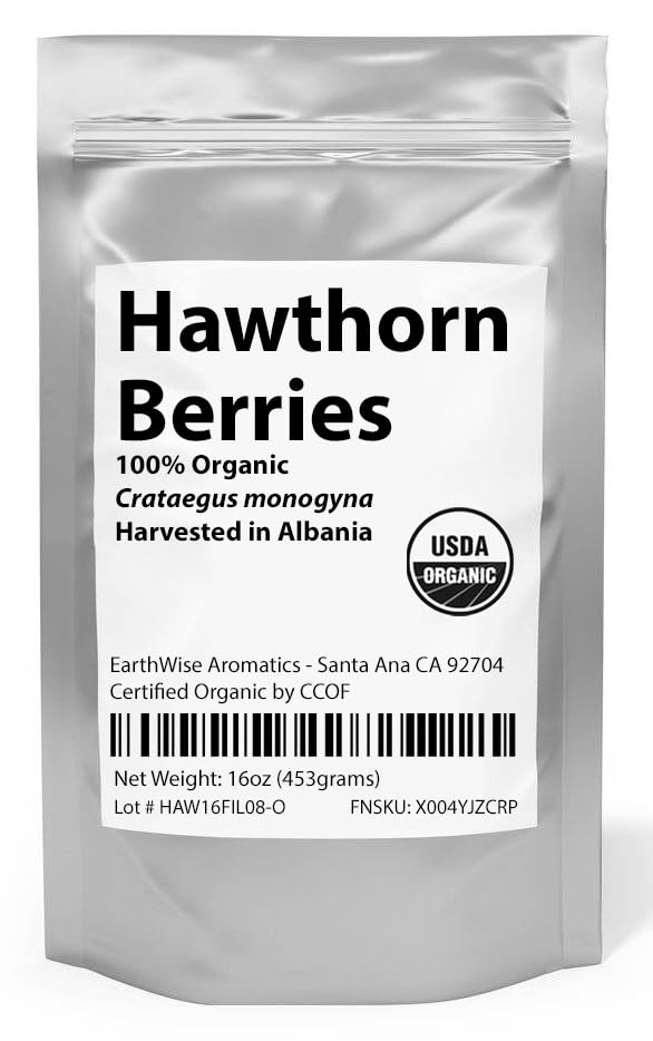 EarthWise Aromatics hawthorn berries beside measuring spoon shows one-pound scale benefit