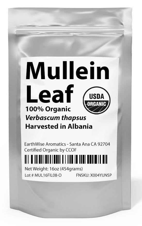 EarthWise Aromatics mullein beside scale and label showing certified organic proof