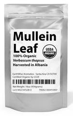 EarthWise Aromatics mullein beside scale and label showing certified organic proof