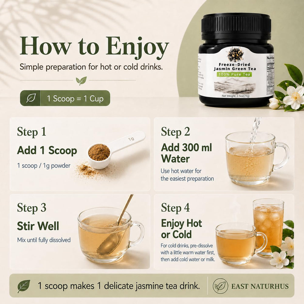 EAST NATURHUS pouring hot jasmine tea from jar into cup for fast preparation