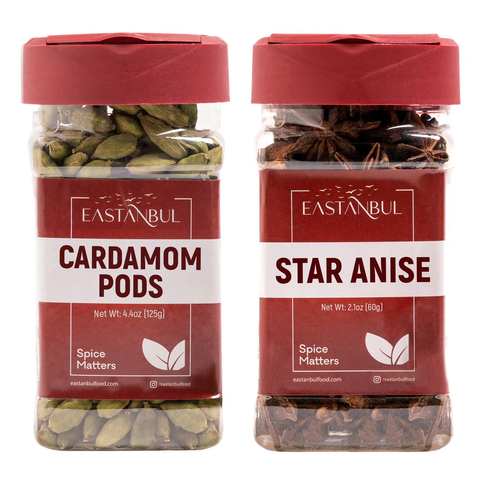 Eastanbul front packaging showing both cardamom and star anise, keeps spices fresh