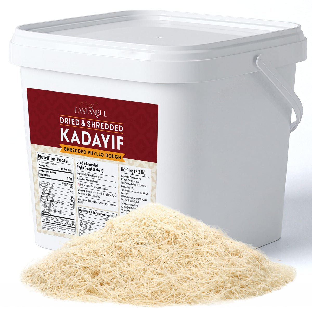 Eastanbul front packaging showing 2.2 lb kataifi, convenient bulk for busy kitchens