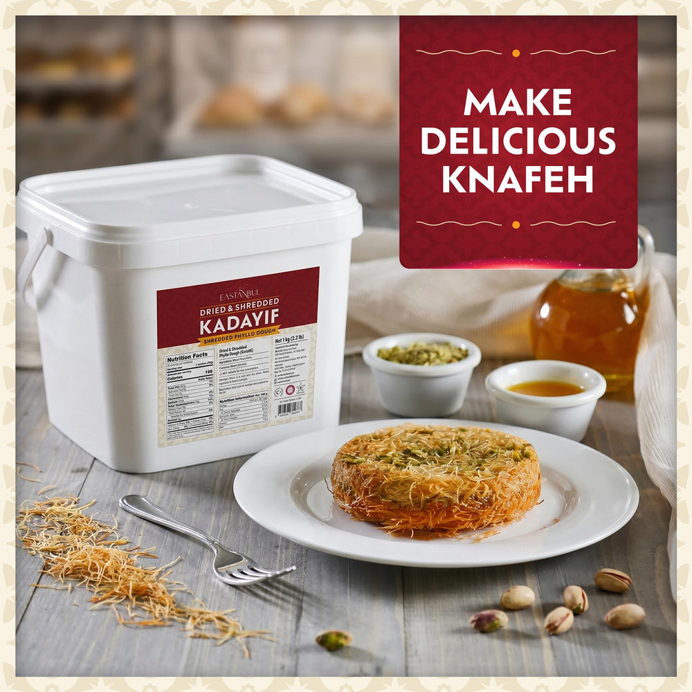 Eastanbul kunafa assembled in pan ready to bake, showcasing even layering and crisp finish