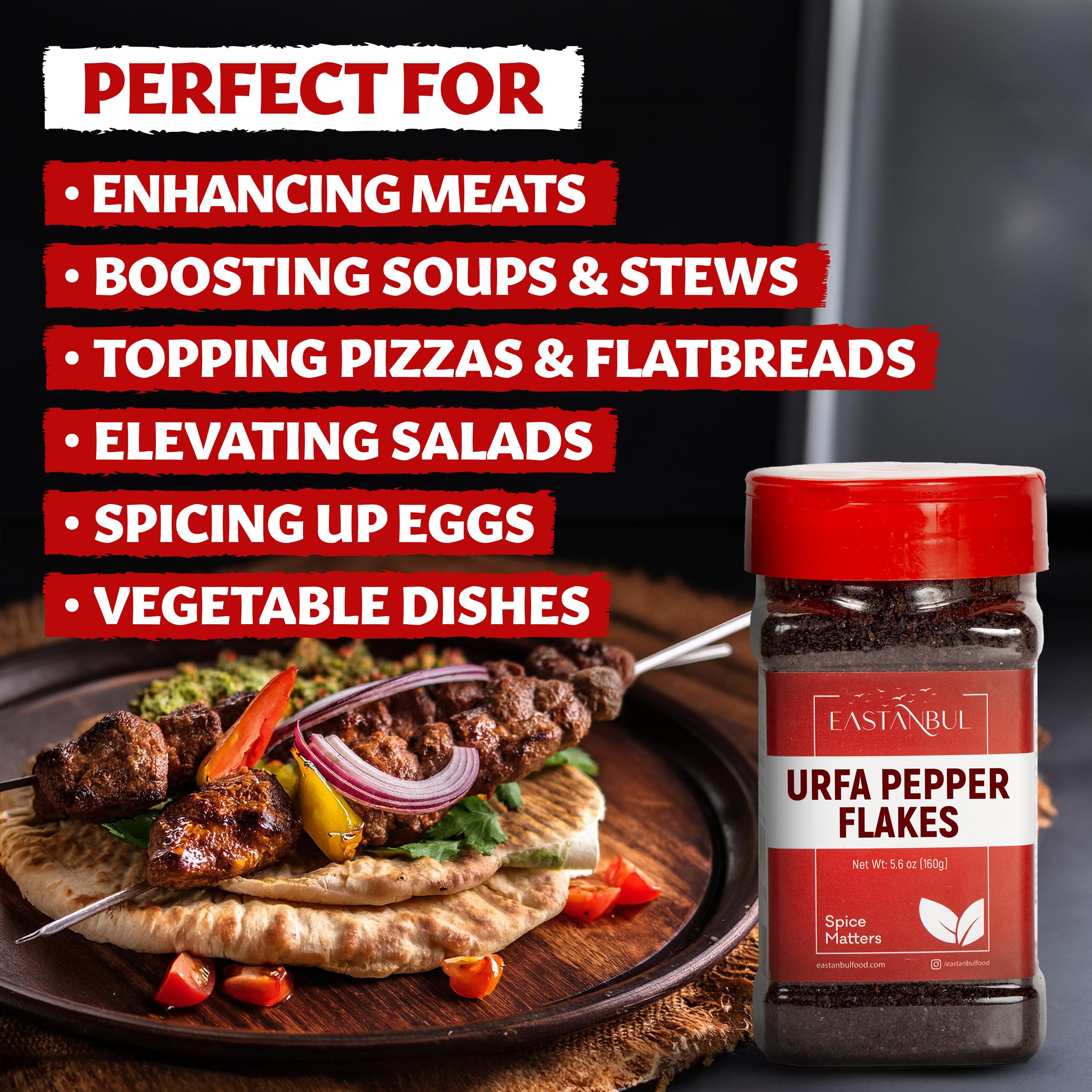 Eastanbul Urfa spice sprinkled on kebab showing enhanced savory, smoky flavor