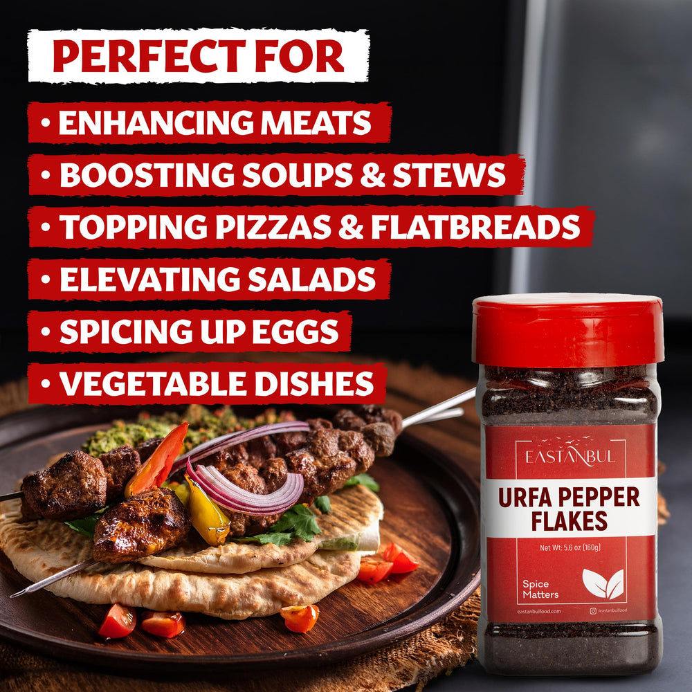 Eastanbul Urfa spice sprinkled on kebab showing enhanced savory, smoky flavor