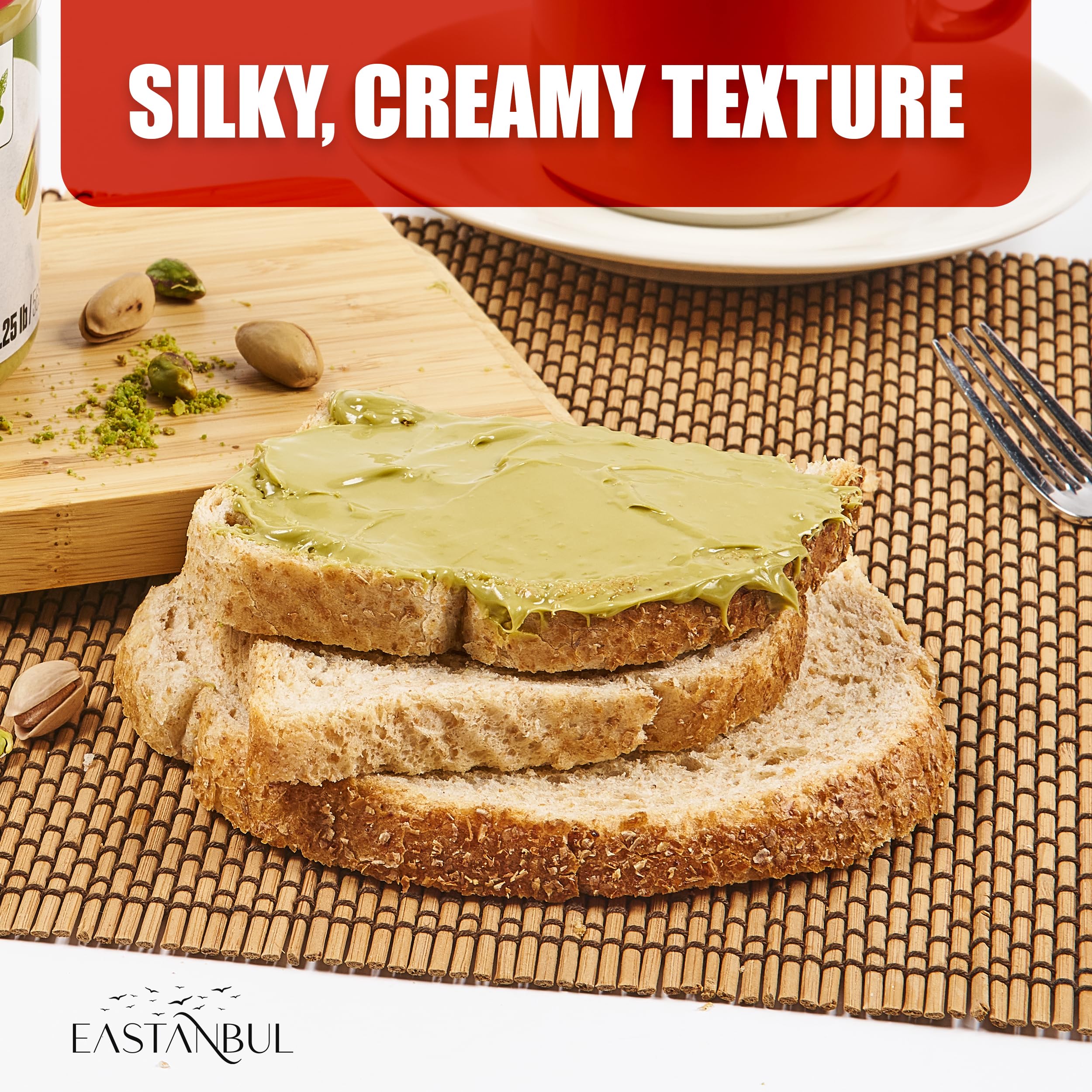 Eastanbul pistachio cream being folded into batter showing baking versatility