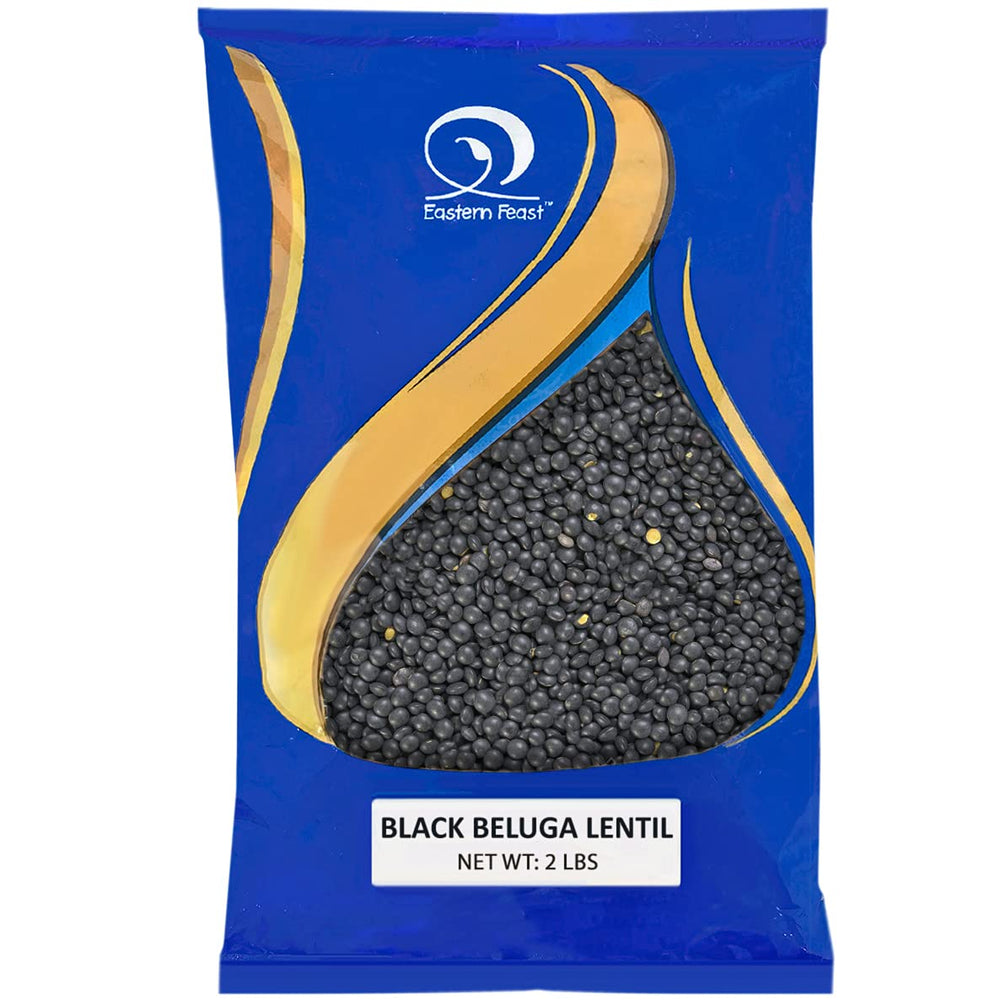 Eastern Feast front packaging of black beluga lentils showing product and weight, pantry-ready quality