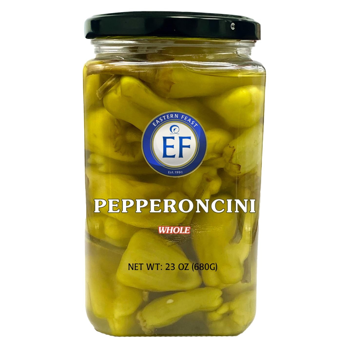 Eastern Feast jar front view showing label and whole pepperoncini for quick serving