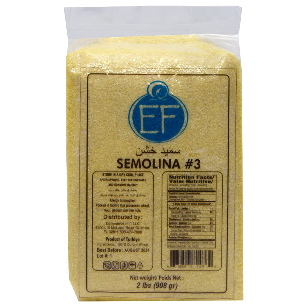 Eastern Feast semolina front packaging showing 2 lb vacuum bag and product benefits