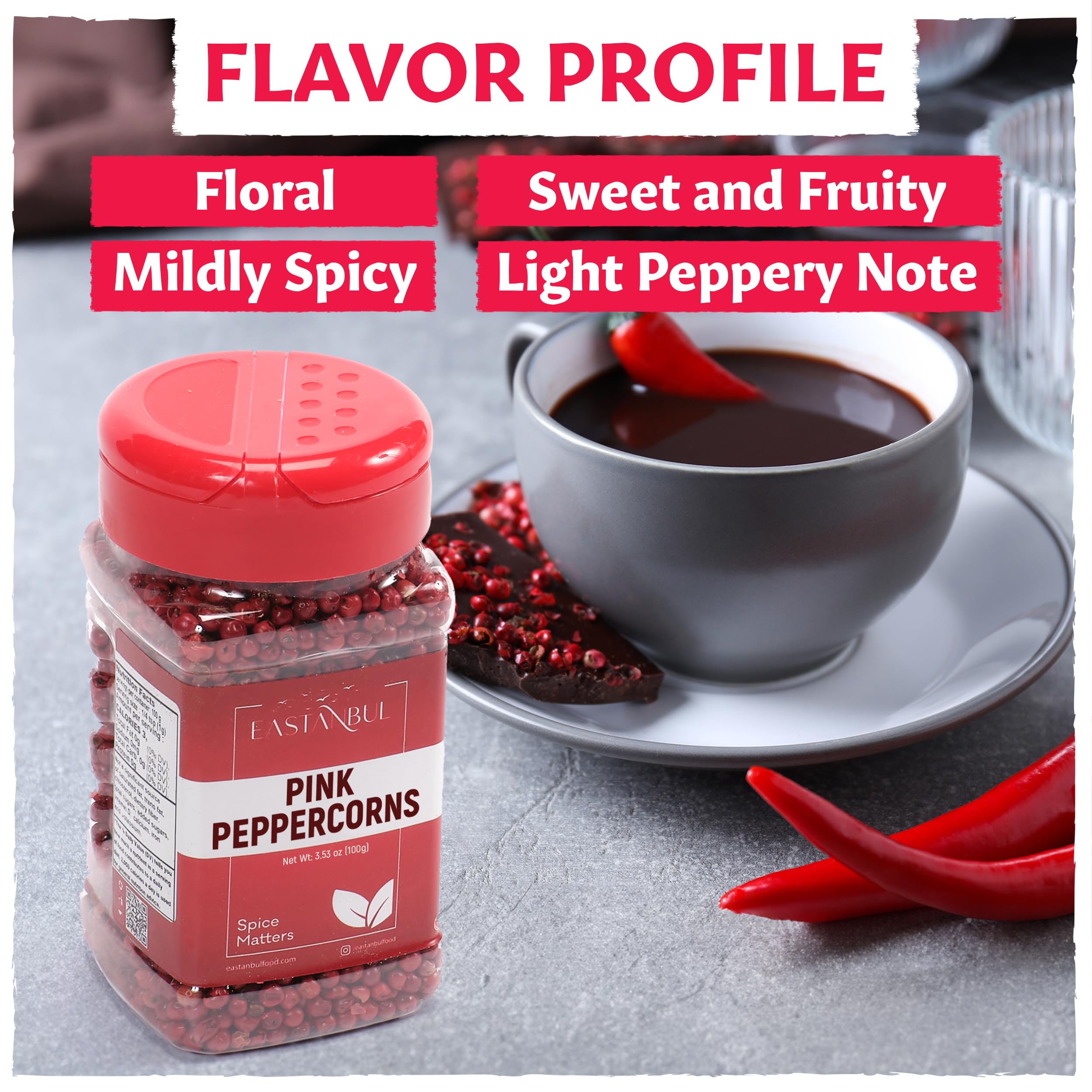 Eastanbul spooned pink peppercorns on wood showing easy portioning