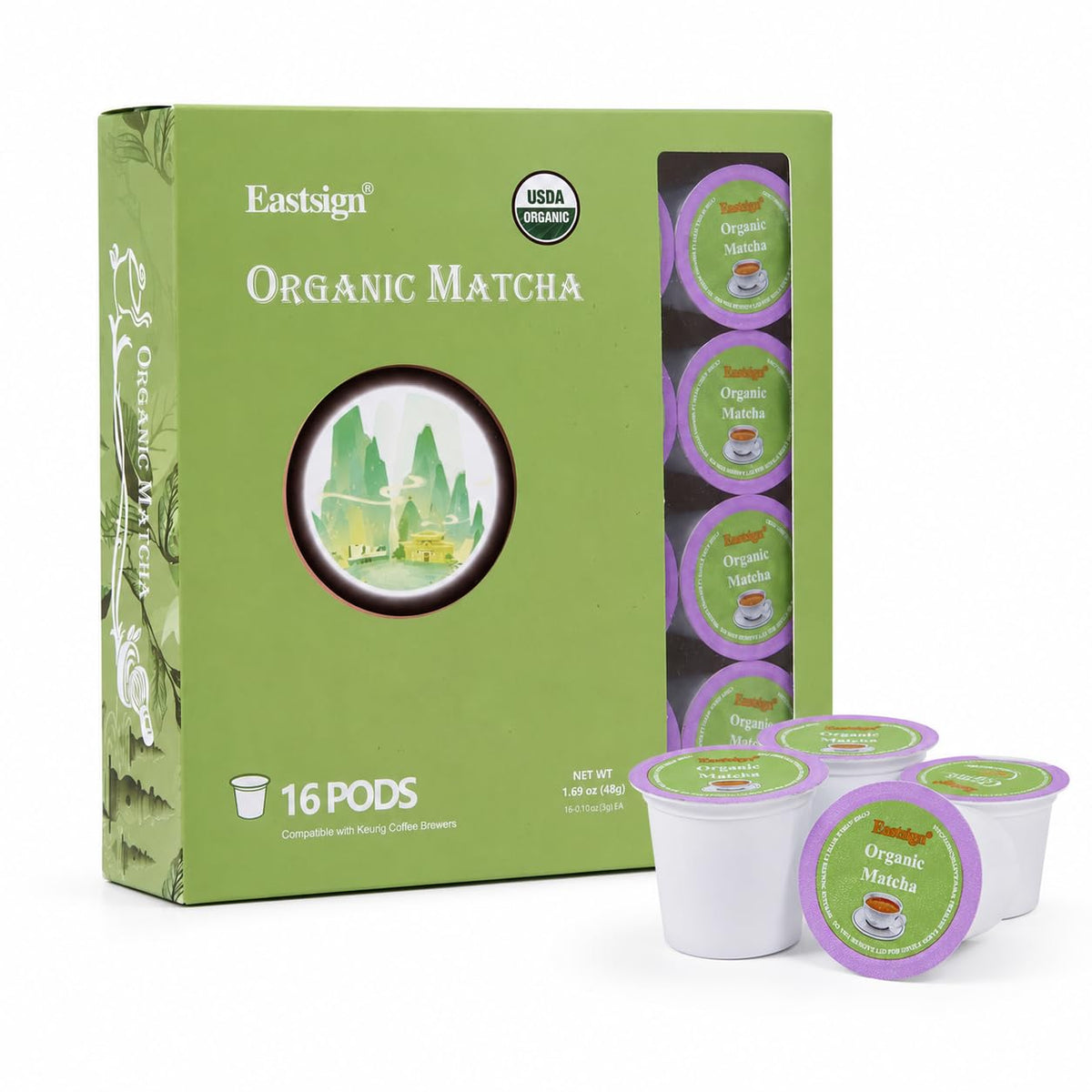Eastsign front packaging showing 16-count pods and organic matcha convenience