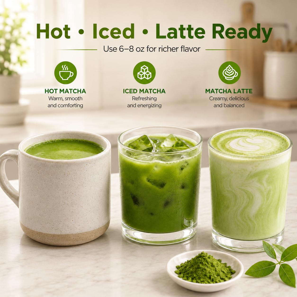 Eastsign matcha powder texture in spoon emphasizing smooth, bright flavor
