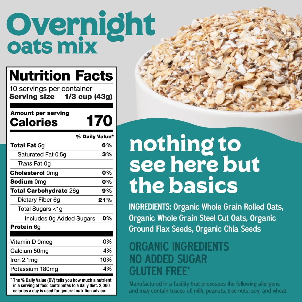Easy Morning open tub with visible oats, chia, and flax for ingredient clarity