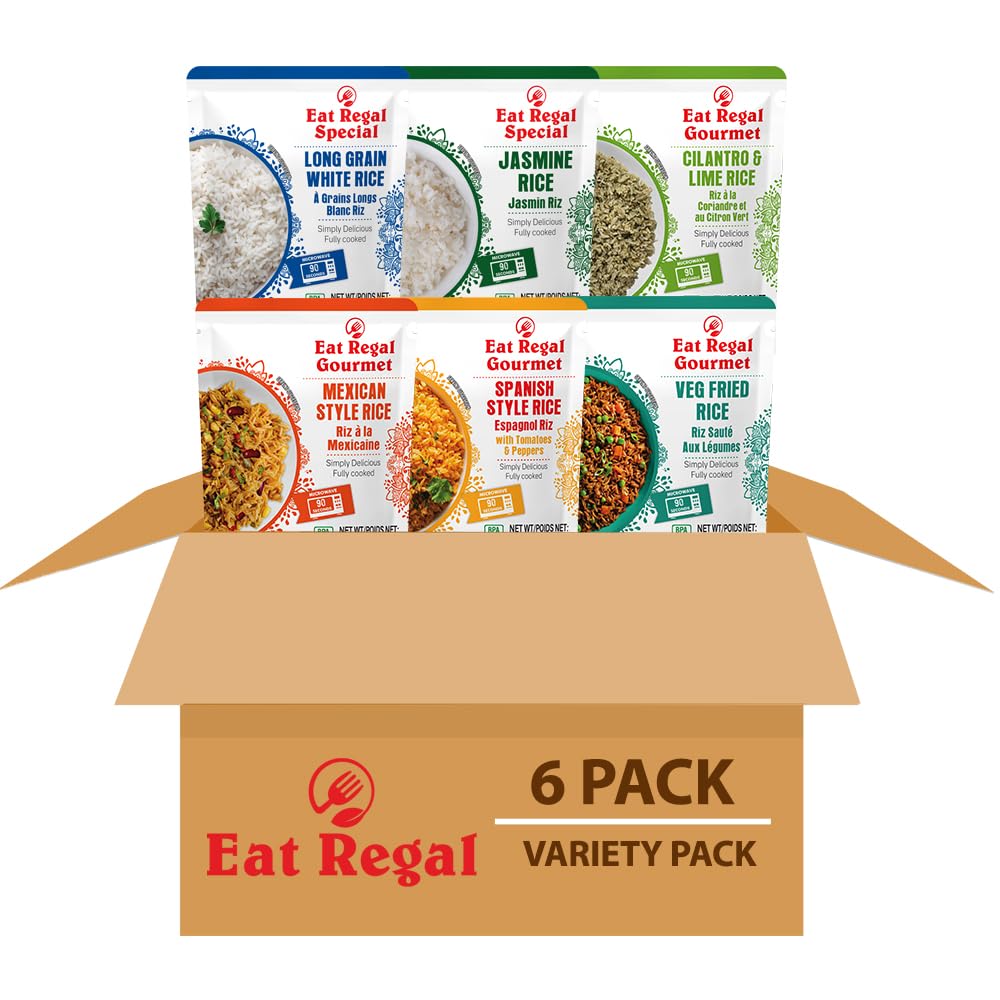 Eat Regal variety pack front view showing six 8.8 oz rice pouches and quick-serve benefit