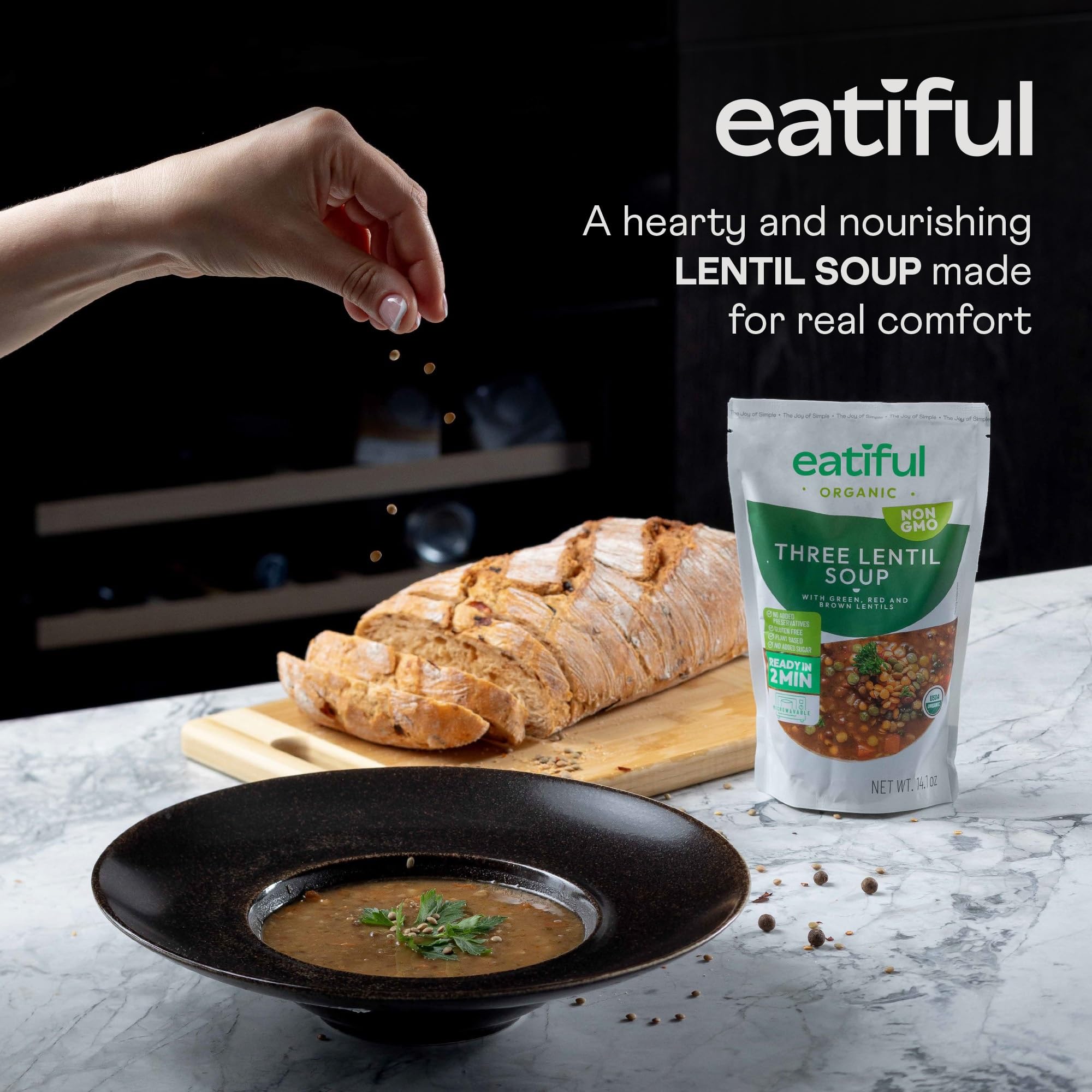 EATIFUL close-up of lentils and vegetables highlighting hearty texture