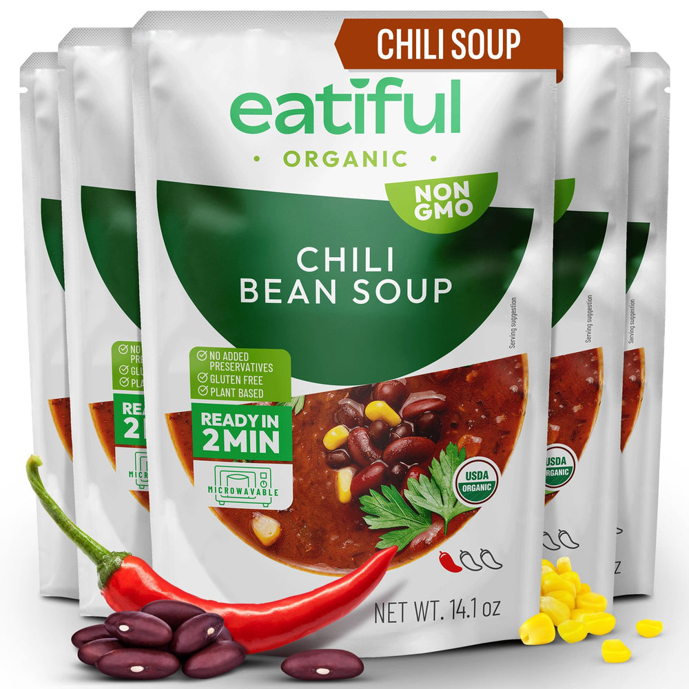 EATIFUL front packaging showing organic chili soup and convenience