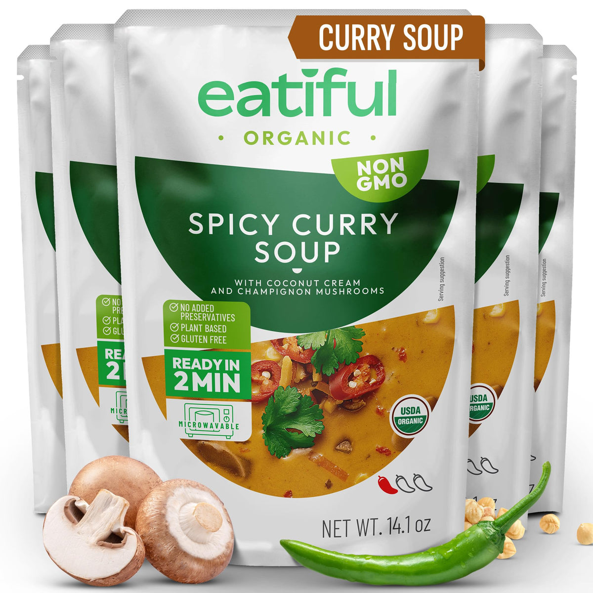 EATIFUL front packaging showing organic curry soup and convenience