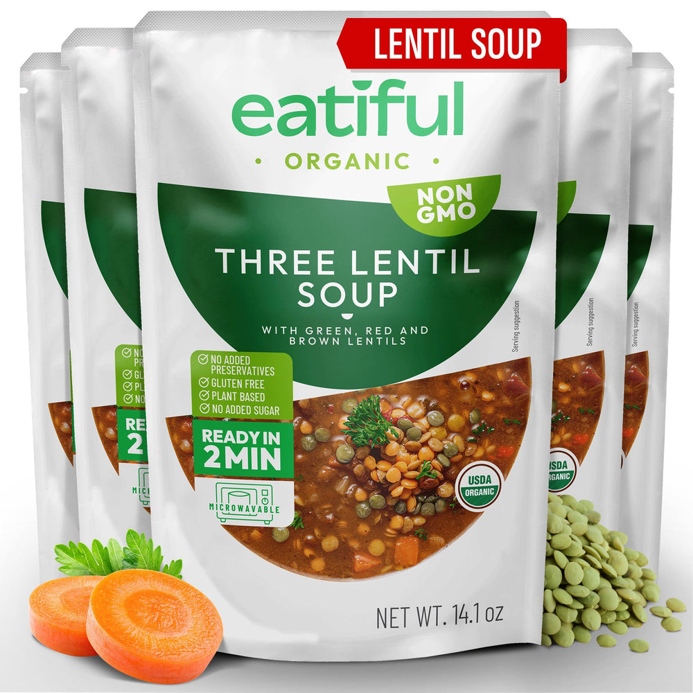 EATIFUL front packaging showing organic lentil soup and label benefits