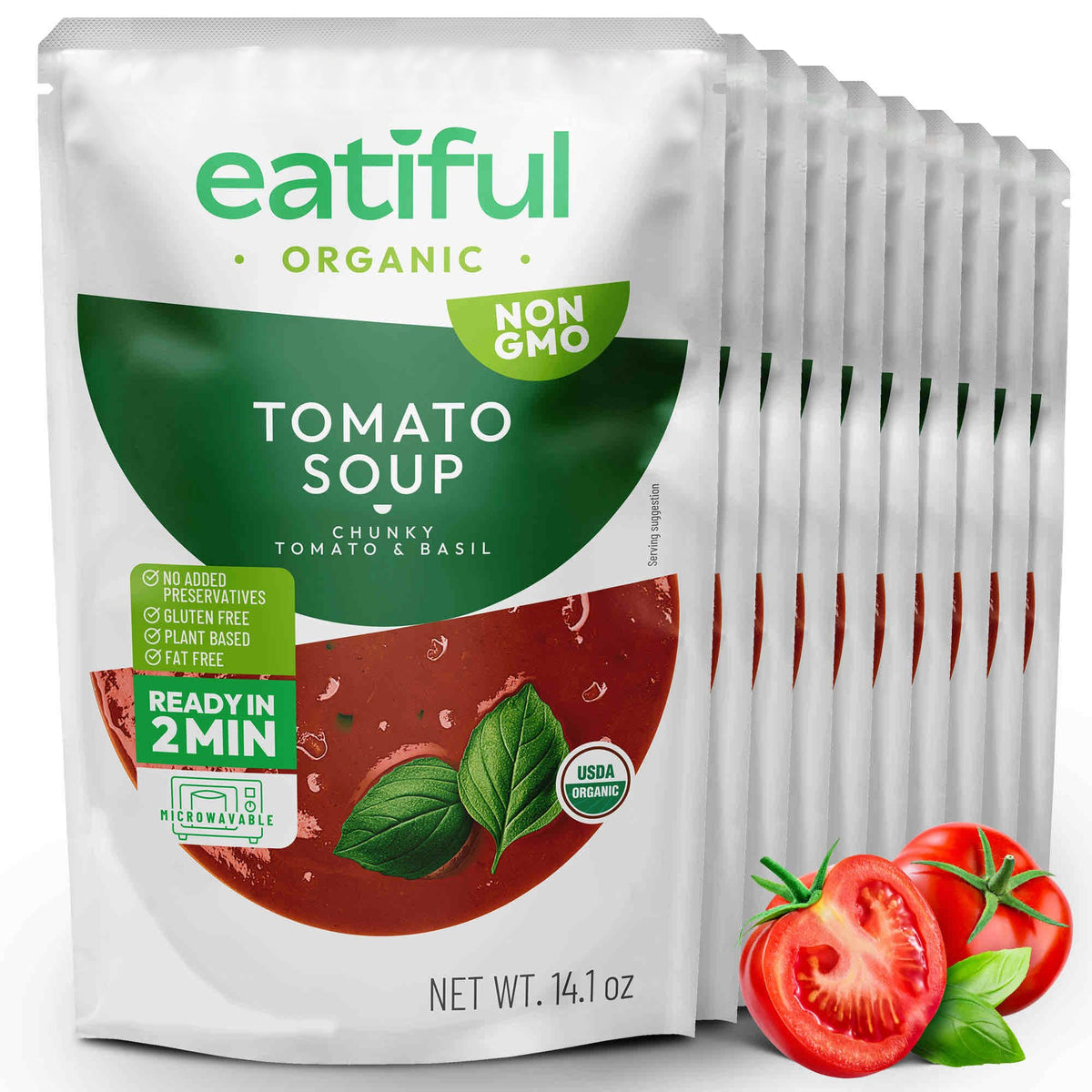 EATIFUL front packaging showing organic tomato soup ready-to-eat, convenient meal