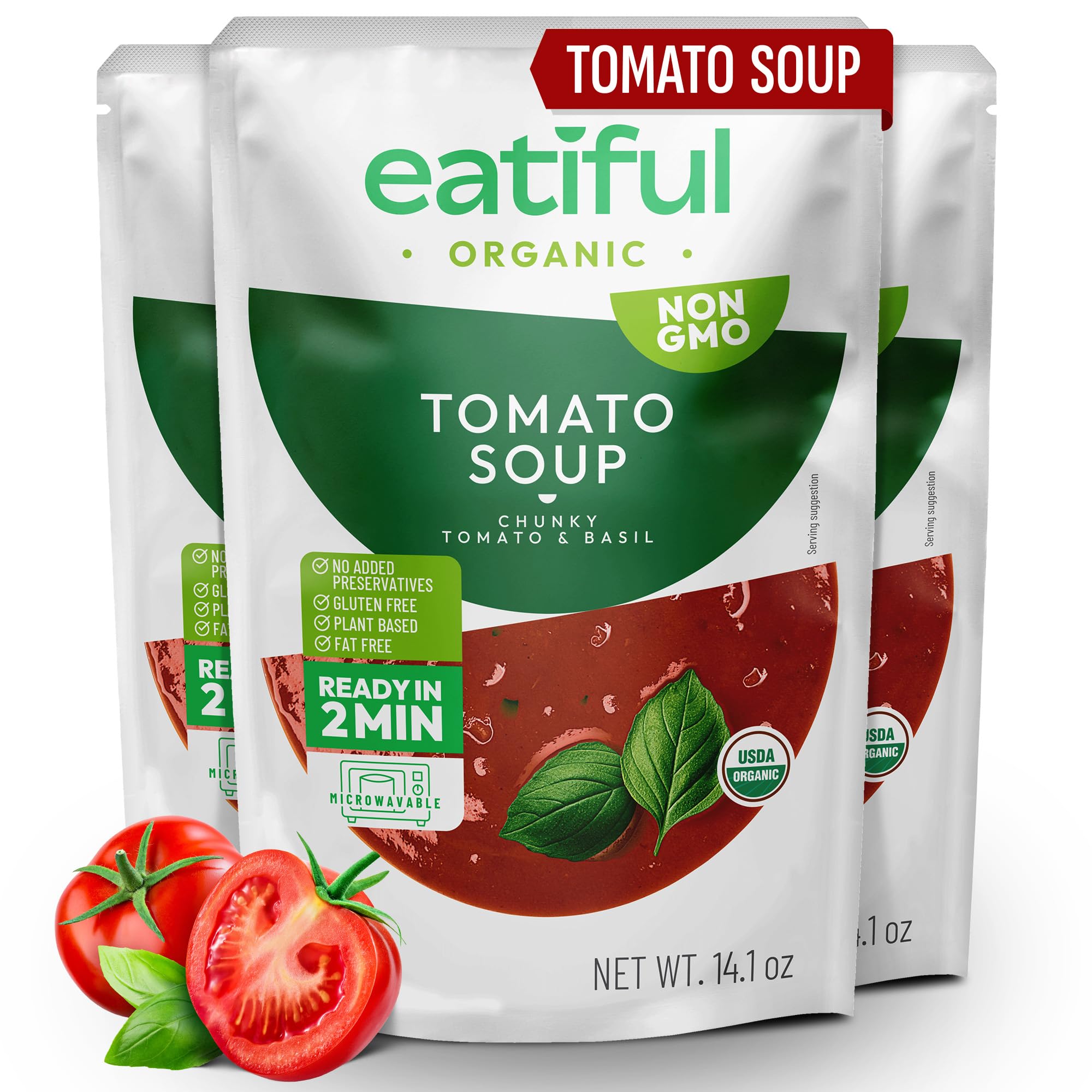 EATIFUL front packaging showing organic tomato soup benefits