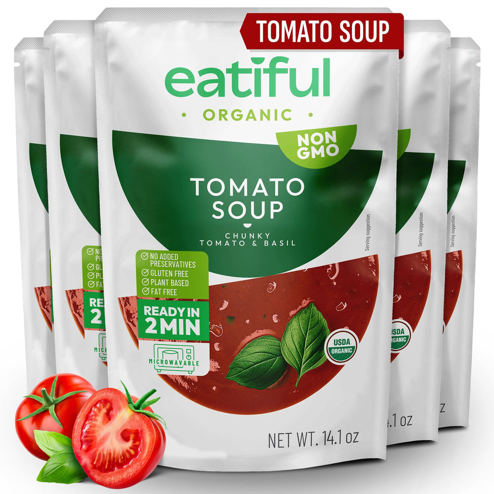 EATIFUL front packaging showing organic tomato soup ready-to-eat and convenient