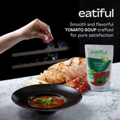 EATIFUL pouch pouring creamy tomato soup into bowl, quick hot meal benefit