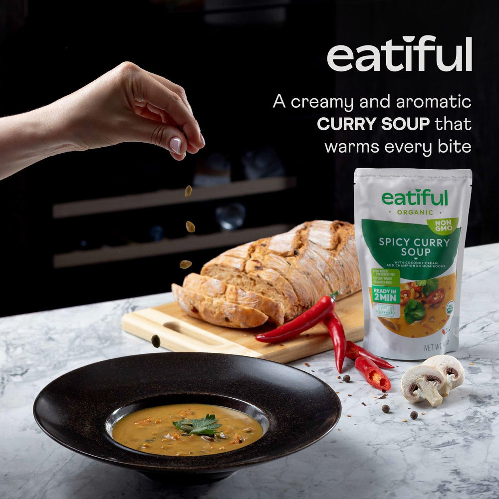 EATIFUL open pouch revealing creamy soup texture and rich color