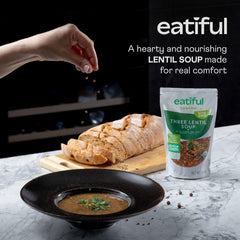 EATIFUL close-up of soup texture and lentils showing hearty, wholesome mouthfeel