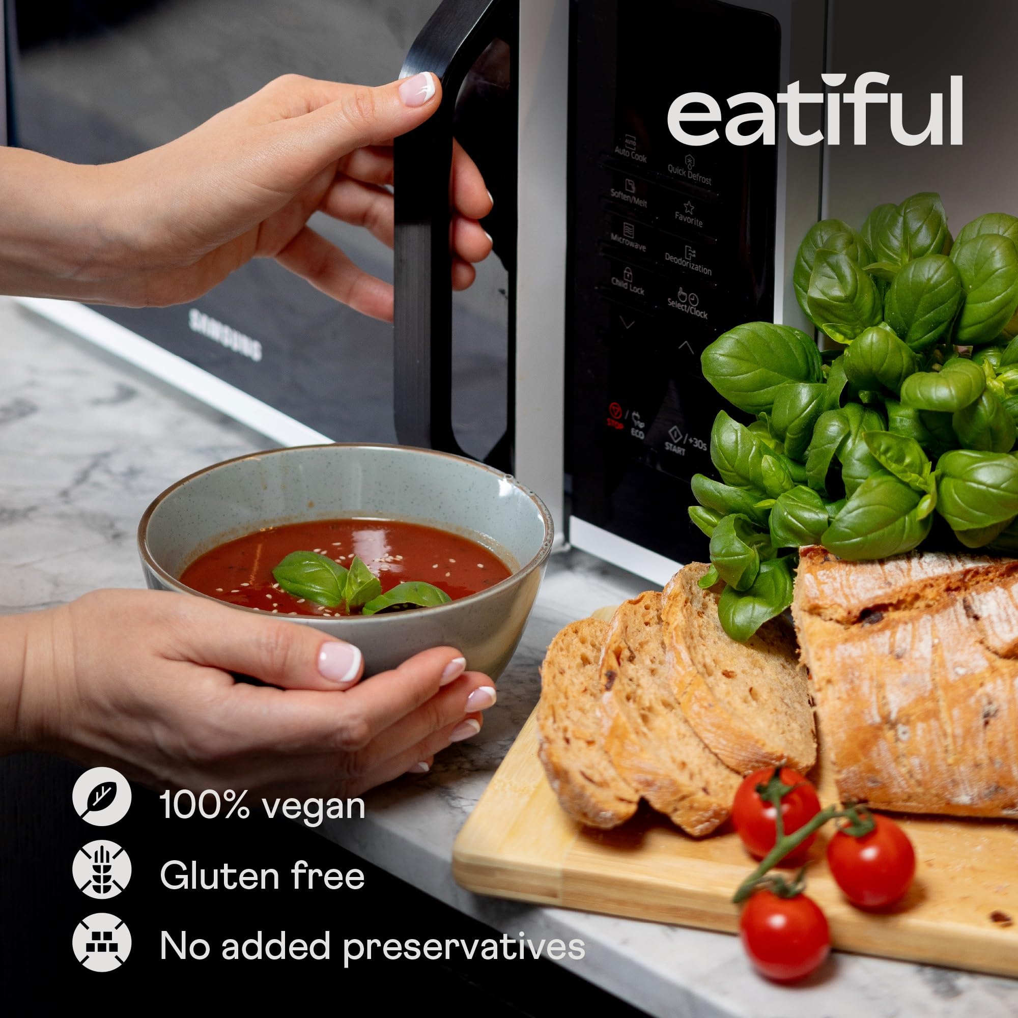 EATIFUL pouch held in hand illustrating 14.1 oz size and portable convenience