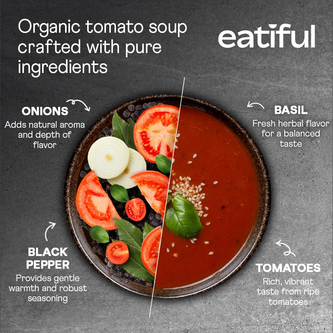 EATIFUL creamy tomato soup in bowl highlighting smooth texture