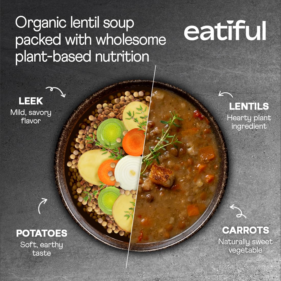 EATIFUL spoon lifting soup from bowl demonstrating warm, satisfying meal