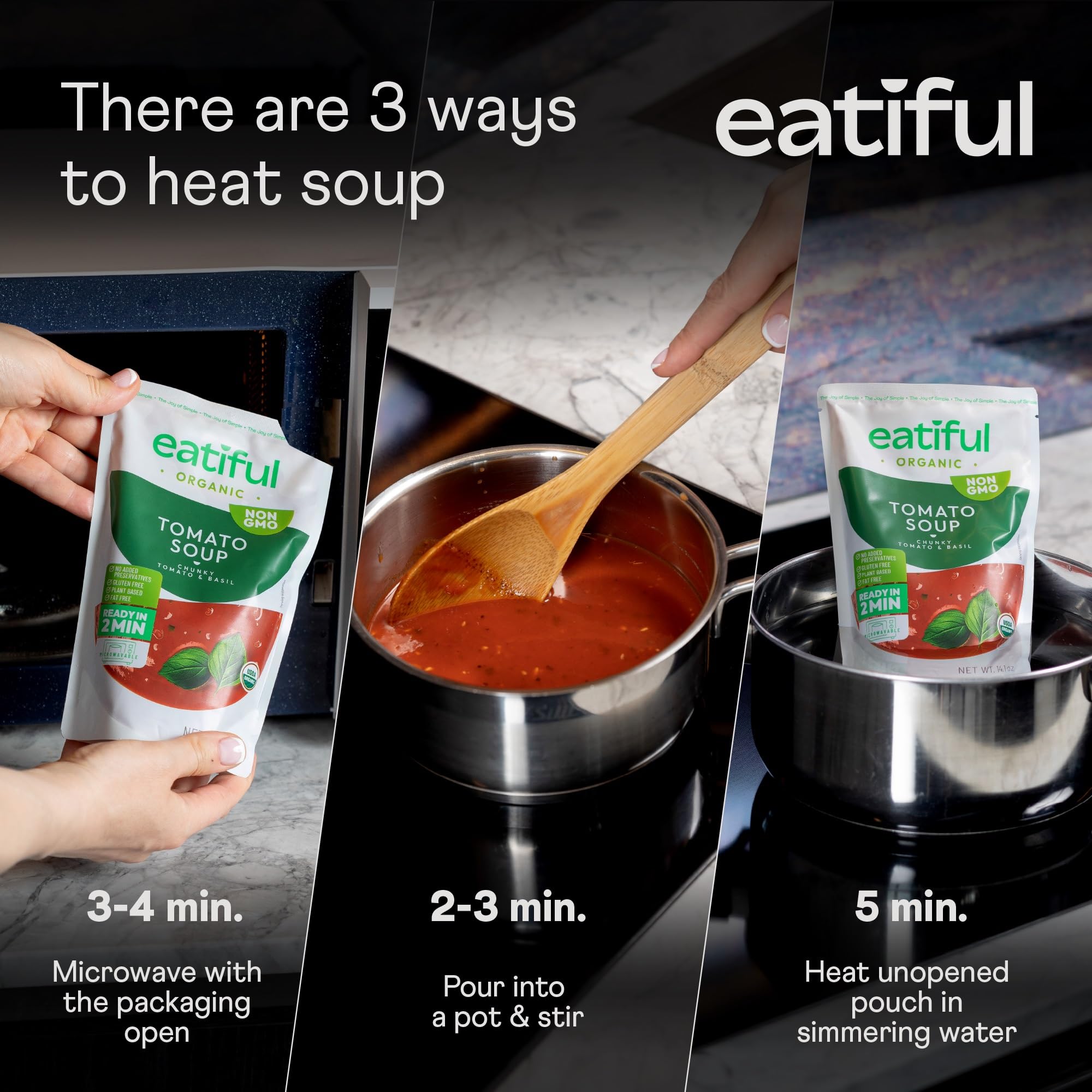 EATIFUL spoon close-up displaying smooth soup texture and appetizing consistency