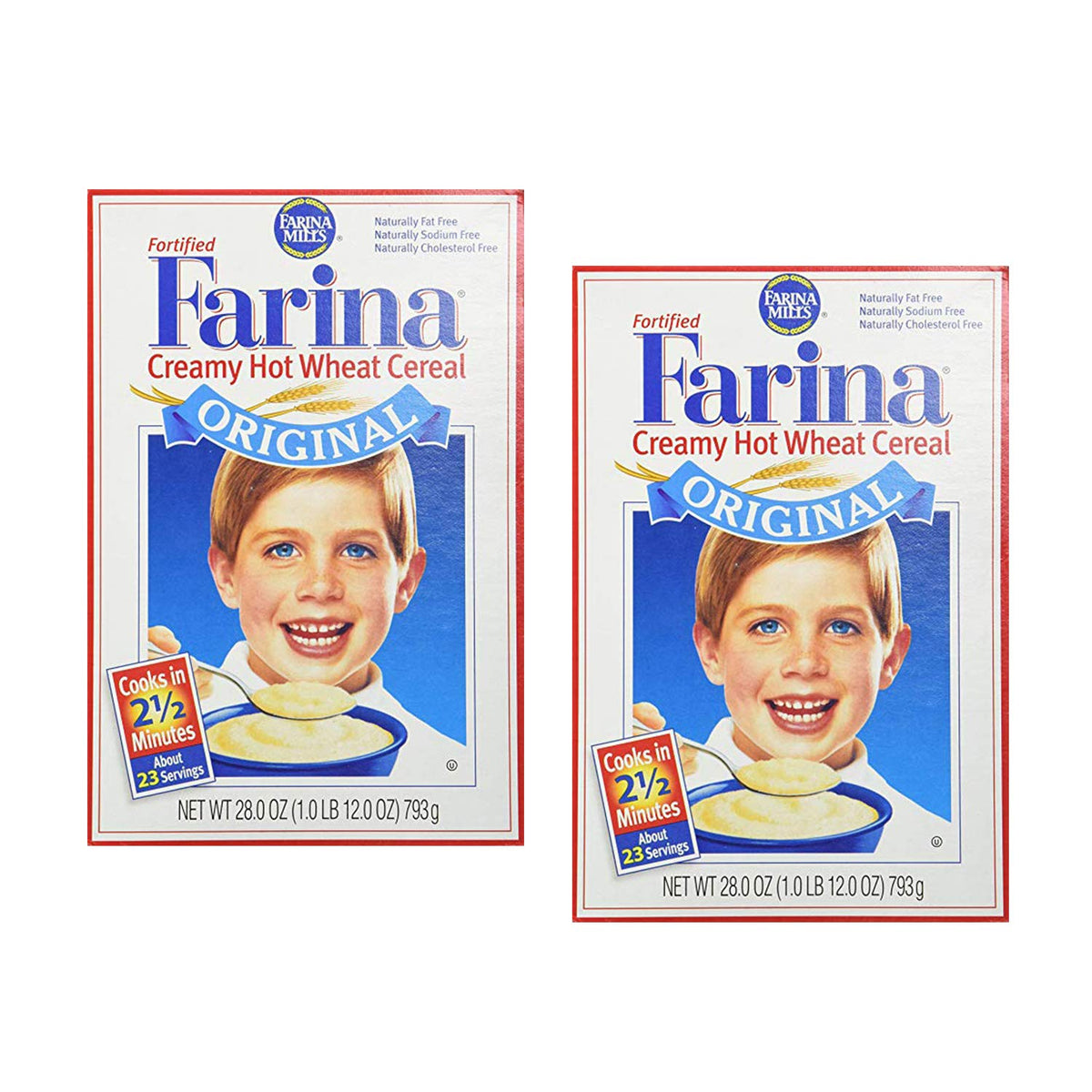 ebaney front packaging of fortified farina two 28 oz boxes showing brand and value
