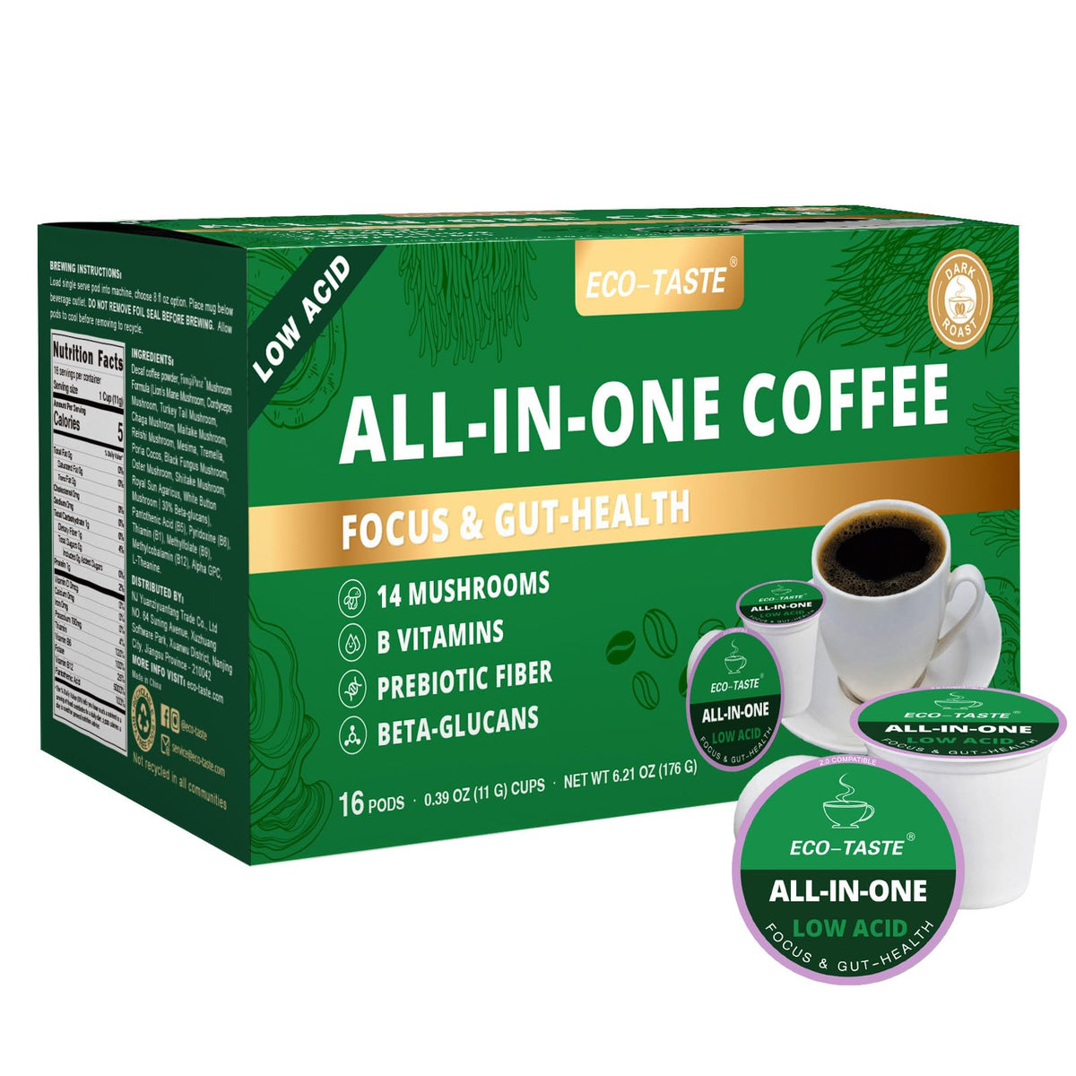 ECO-TASTE front packaging showing low-acid mushroom coffee benefits