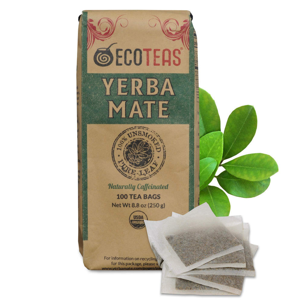 ECOTEAS front packaging showing unsmoked yerba mate and certifications for clarity