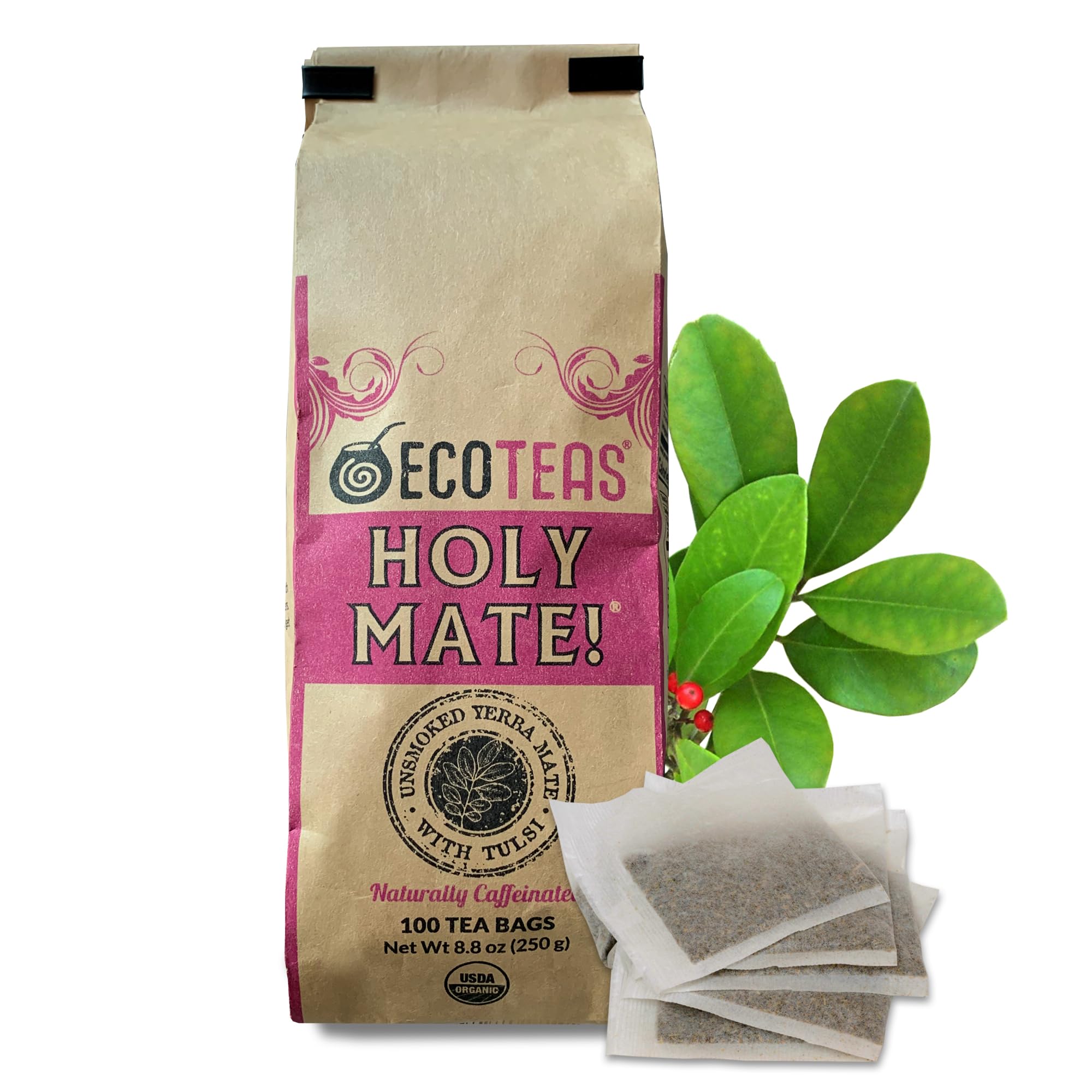 ECOTEAS front packaging showing Holy Mate bulk tea benefits